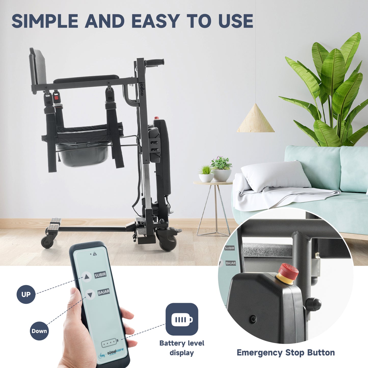 Electric Patient Lift Transfer Chair, Portable Patient Lift for Home, 330lbs Heavy Duty Toilet Chair with 10" Height Adjust for Elderly & Disabled, Compact for Tight Spaces