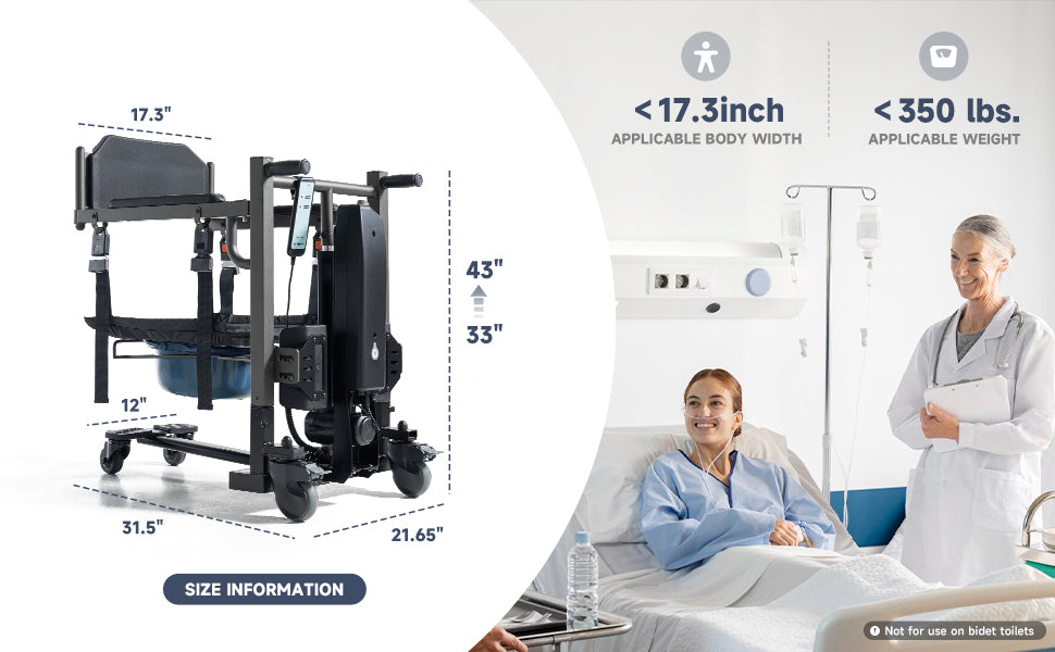 Electric Patient Lift Transfer Chair, Portable Patient Lift for Home, 330lbs Heavy Duty Toilet Chair with 10" Height Adjust for Elderly & Disabled, Compact for Tight Spaces
