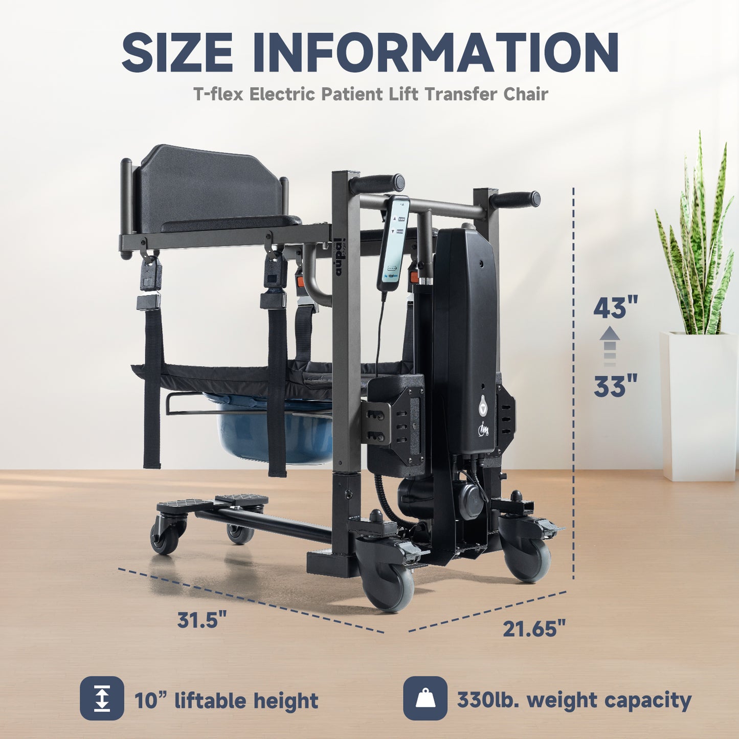 Electric Patient Lift Transfer Chair, Portable Patient Lift for Home, 330lbs Heavy Duty Toilet Chair with 10" Height Adjust for Elderly & Disabled, Compact for Tight Spaces